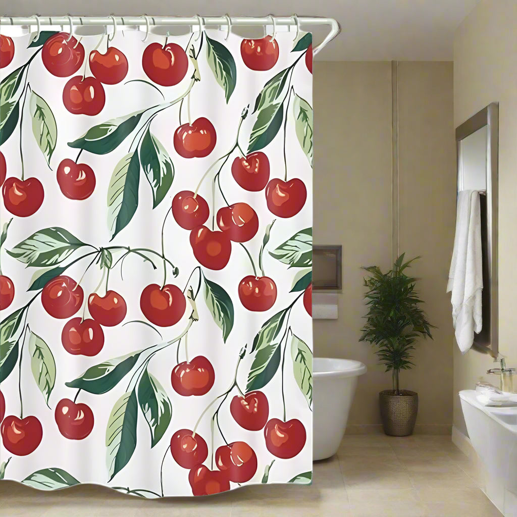 Shower Curtain Waterproof Cherry Print Easy Care Vibrant Design 1
