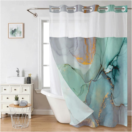 Colorful Snap-In Waterproof Shower Curtain with abstract design in a bathroom setting by Worvane.