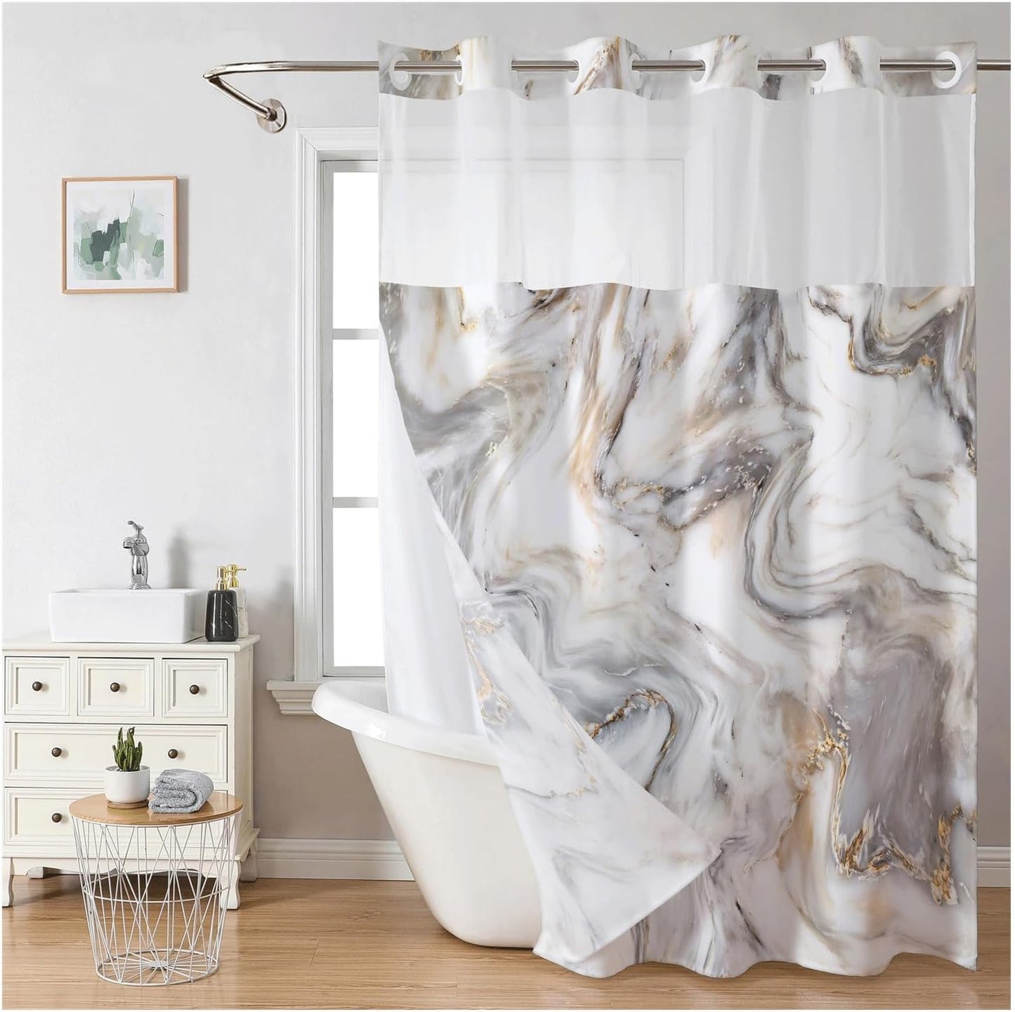 Snap-In Waterproof Shower Curtain No Hooks Needed | Designer Patterns | 3 Sizes