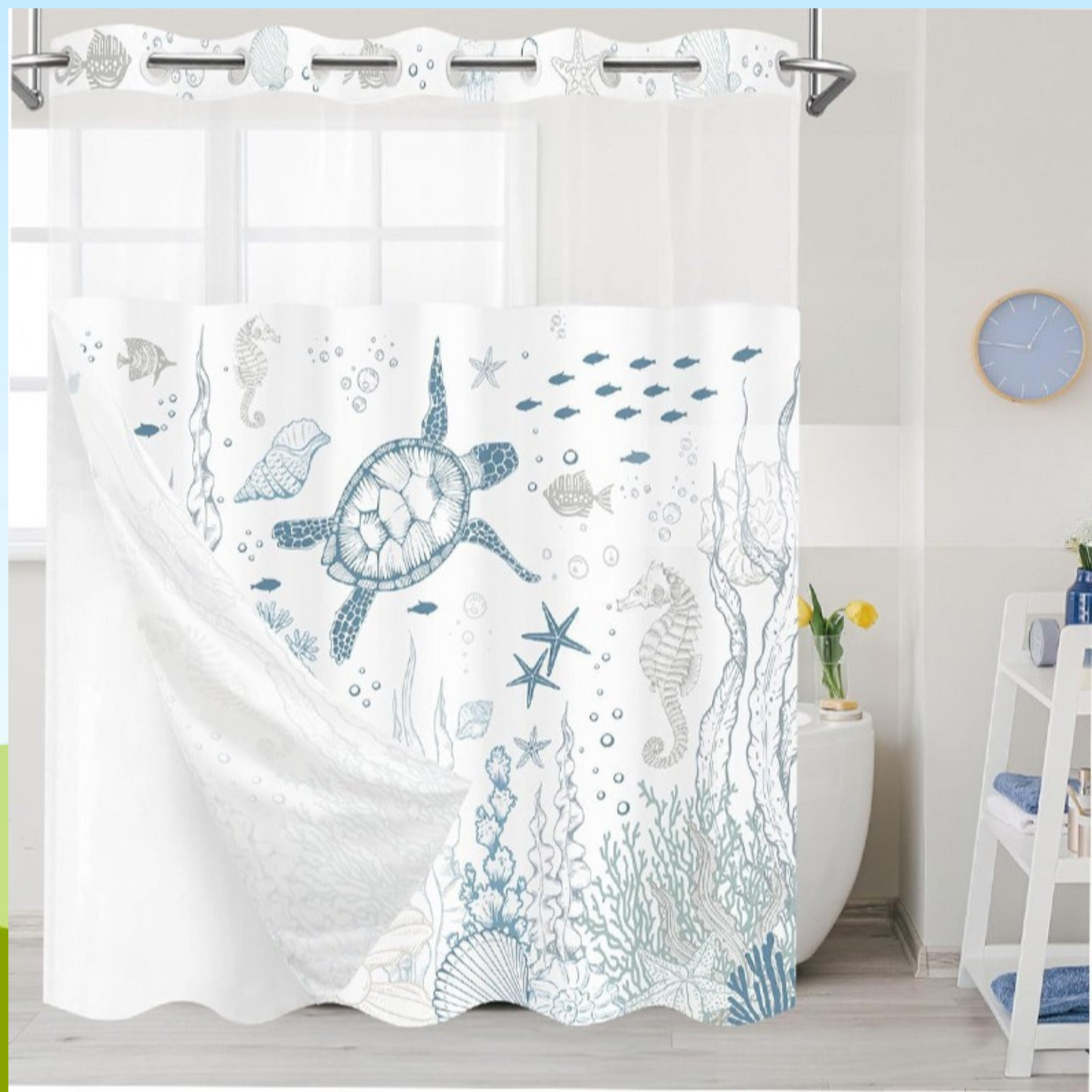 Snap-In Waterproof Shower Curtain No Hooks Needed | Designer Patterns | 3 Sizes