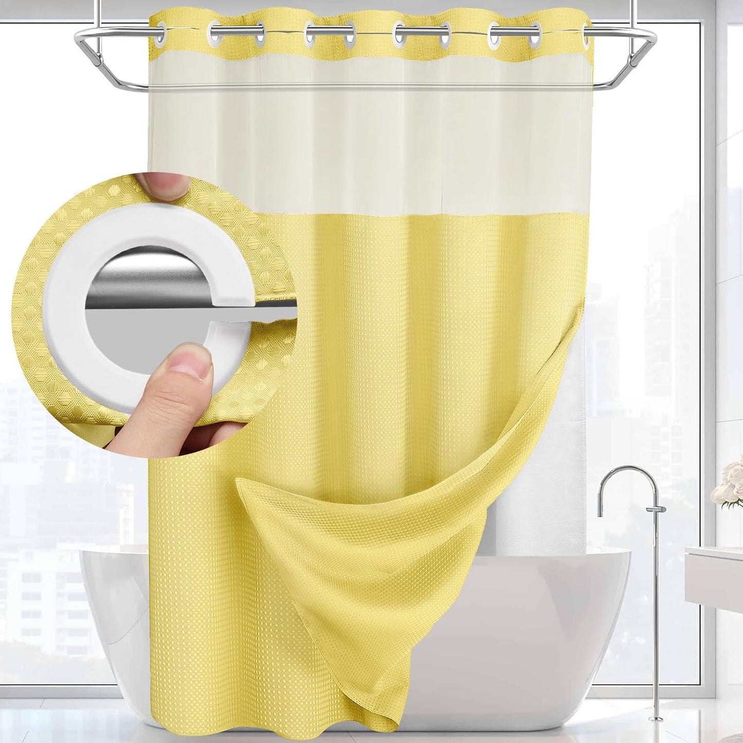 Snap-In Waterproof Shower Curtain No Hooks Needed | 3 Sizes