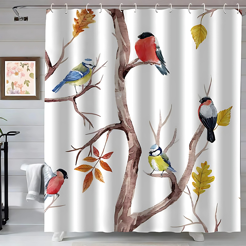 Shower Curtain Waterproof Microfiber Bird and Tree Branches Design 1