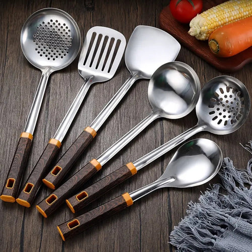 Stainless Steel Utensils Set 6-Piece Ergonomic Wood Grain Design 0
