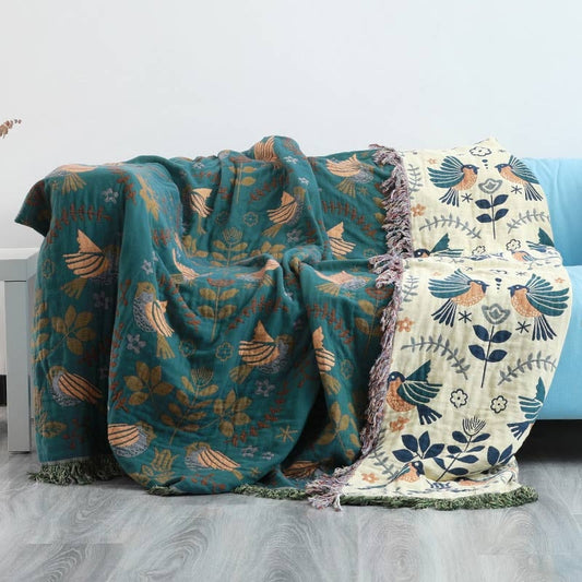 Throw Blanket | Reversible Cotton Nordic Bird Design | Cozy Home Accent 0