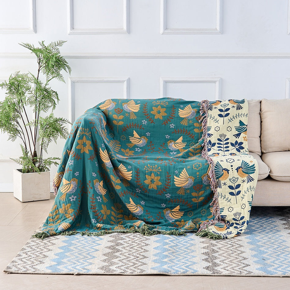 Throw Blanket | Reversible Cotton Nordic Bird Design | Cozy Home Accent 1