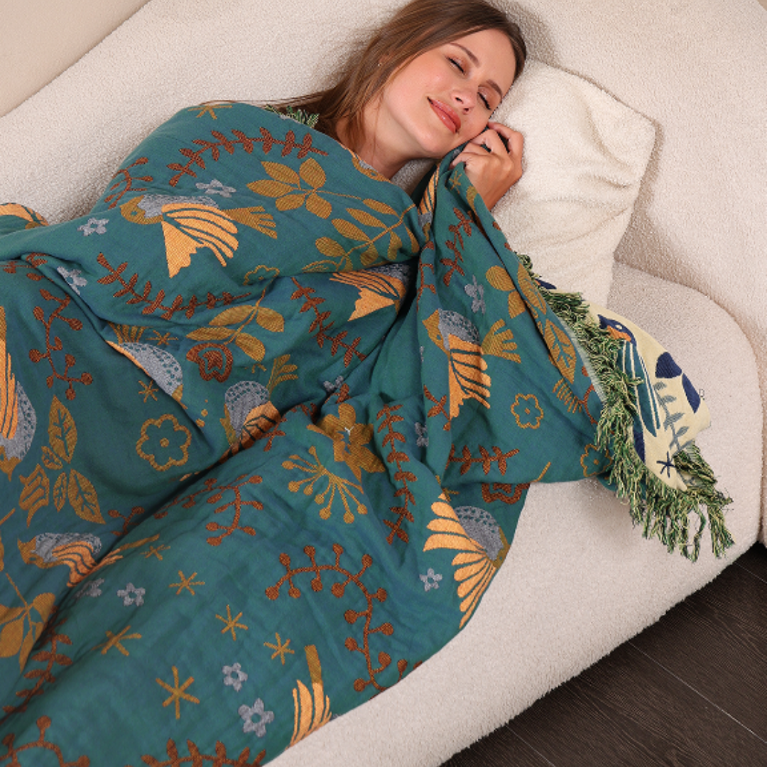 Throw Blanket | Reversible Cotton Nordic Bird Design | Cozy Home Accent 4