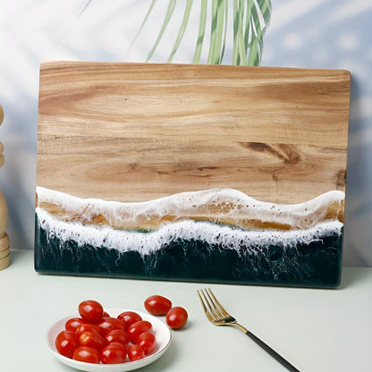 Wood Cutting Board Acacia with Ocean Wave Resin Art for Chopping and Serving 4