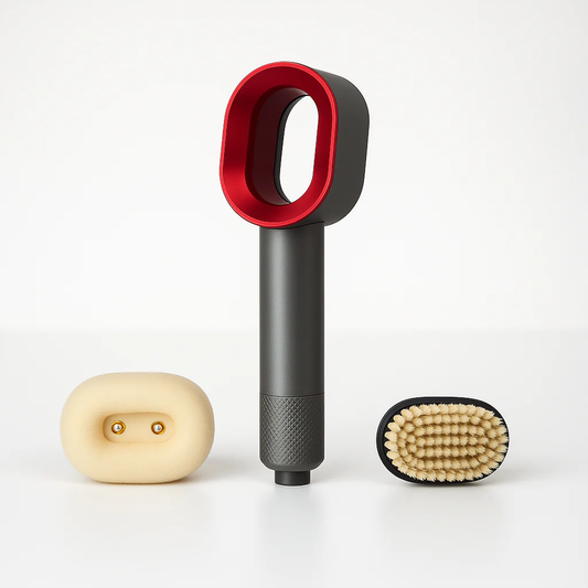 Handheld cleaning tool with red handle and black body, accompanied by a brush head and a round scrubber on a white background.