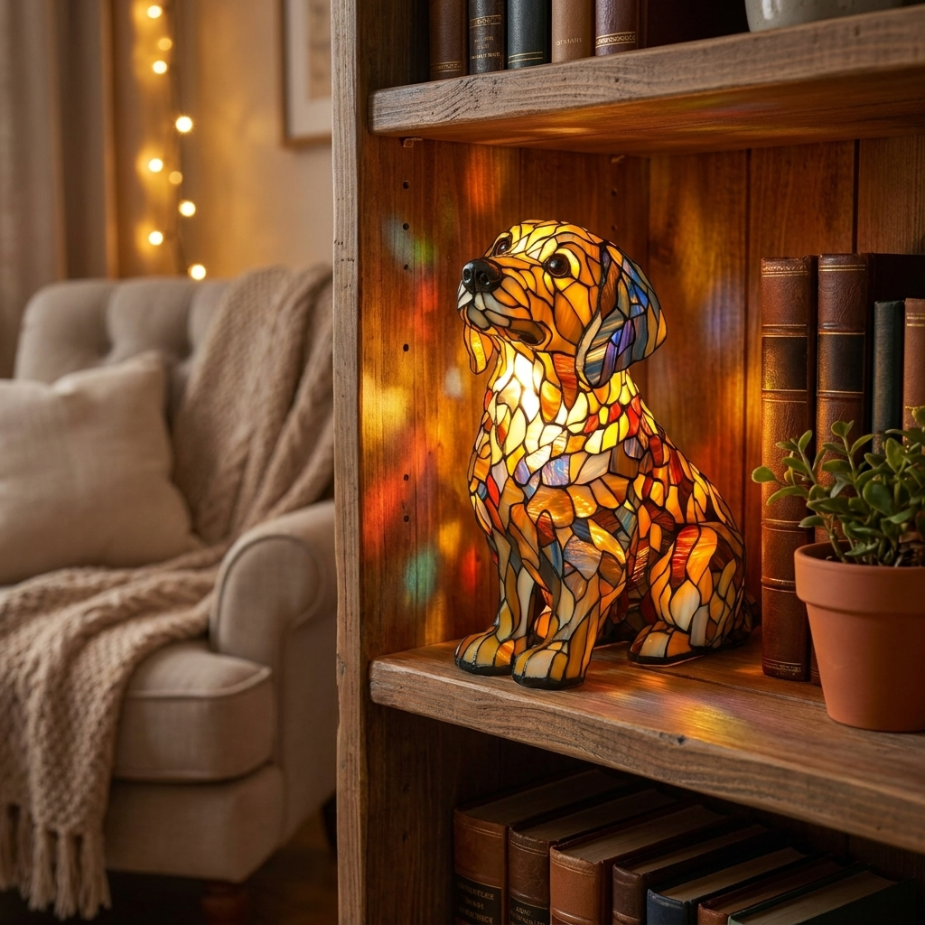 Golden Retriever LED Lamp in cozy living room lifestyle setting