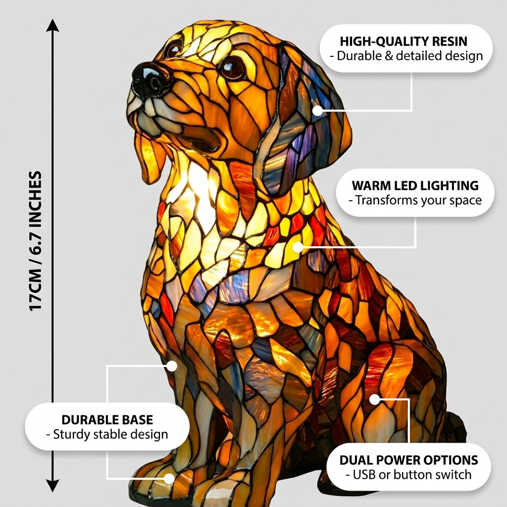 Golden Retriever LED Lamp product detail infographic