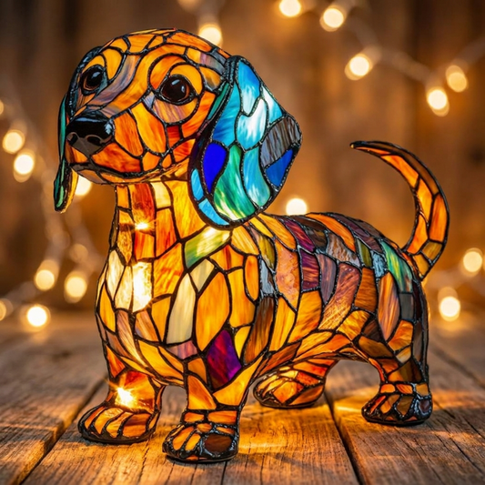 Colorful Dachshund LED Mosaic Night Light casts a warm glow, showcasing intricate resin design details by Worvane.