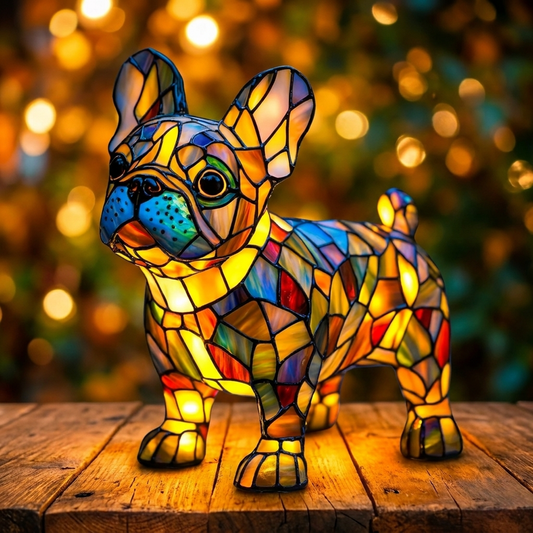 Vibrantly colored Bulldog LED Mosaic Night Light glowing warmly on a wooden surface, showcasing unique resin craftsmanship by