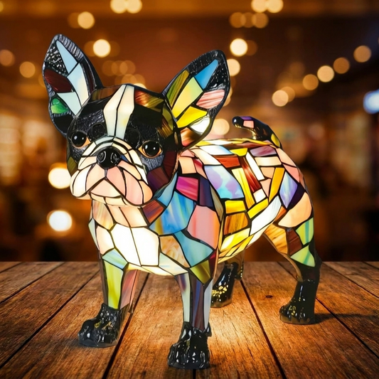 Colorful French Bulldog LED Mosaic Night Light on a wooden surface, showcasing its vibrant design by Worvane.