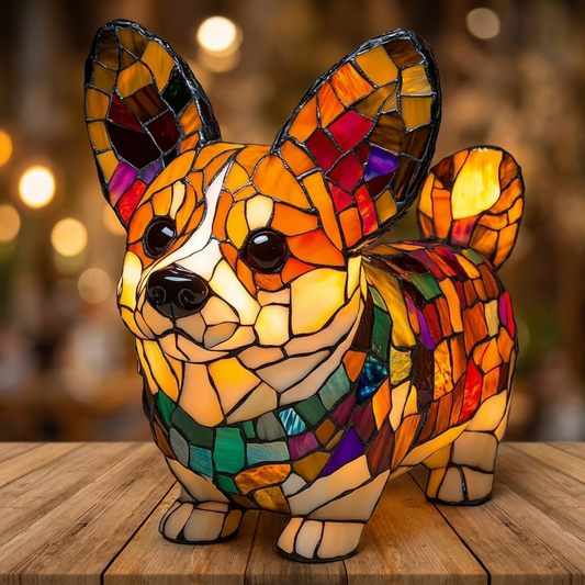 Vibrant Standing Corgi LED Mosaic Night Light with colorful glass design, illuminating details by Worvane.