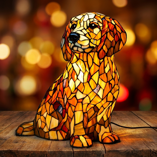 Colorful mosaic design of a Golden Retriever LED night light, showcasing warm tones on a wooden surface by Worvane.