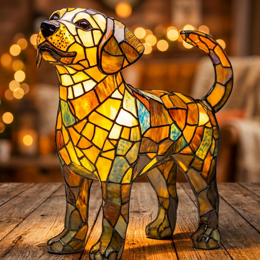 Colorful Labrador LED Mosaic Night Light featuring unique glass textures, illuminating a cozy setting by Worvane.