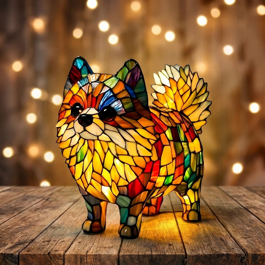 Colorful Pomeranian LED Mosaic Night Light shines on a rustic wooden surface with blurred lights in the background by Worvane