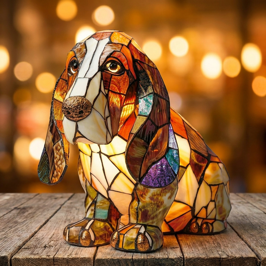 Colorful mosaic Basset Hound LED Mosaic Night Light illuminating a wooden surface, creating a warm ambiance by Worvane.