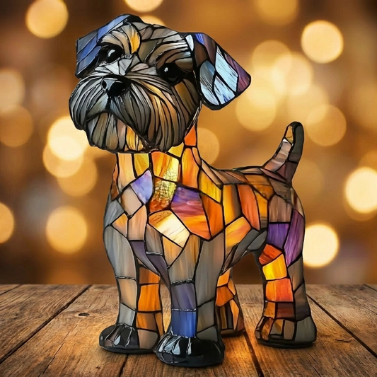 Colorful LED Mosaic Night Light in a Schnauzer shape, showcasing vibrant stained glass style, by Worvane.