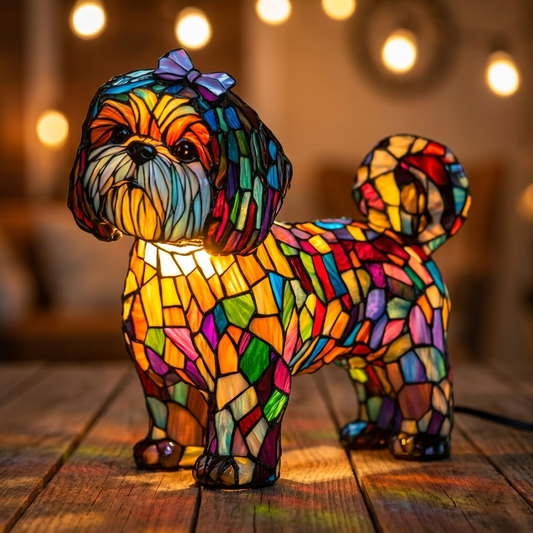 Colorful Shih Tzu LED Mosaic Night Light shines from a resin animal lamp on a wooden surface, enhancing decor by Worvane.