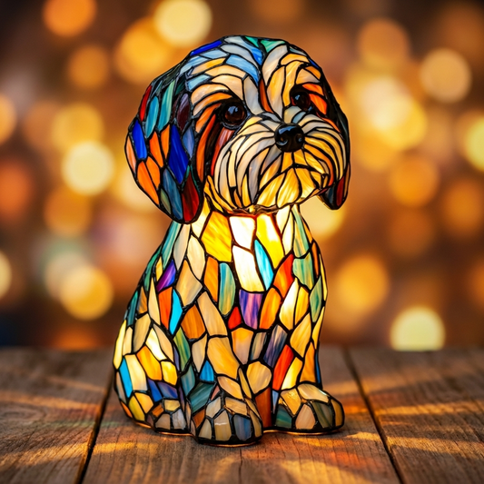 Colorful Maltese LED Mosaic Night Light illuminating a cozy space with its vibrant glass design by Worvane.