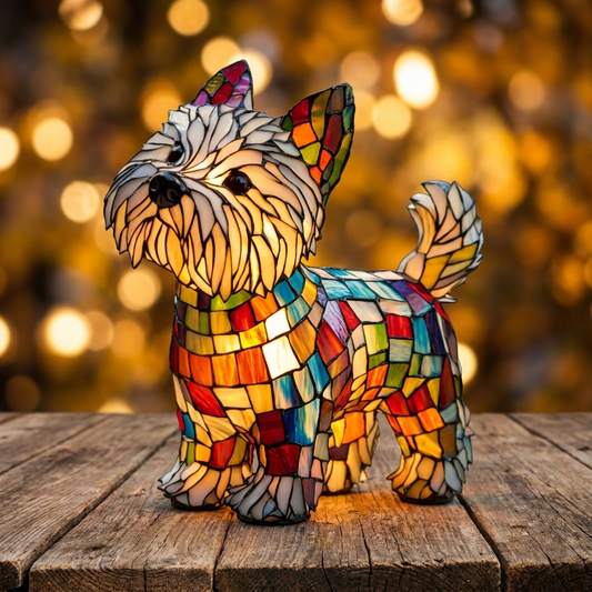 Colorful West Highland Terrier LED Mosaic Night Light on a wooden table, illuminating a cozy ambiance by Worvane.