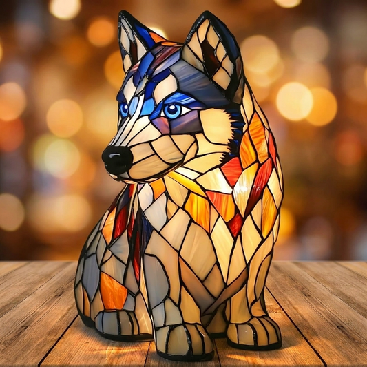 Colorful mosaic Husky LED Mosaic Night Light showcasing intricate designs on a wooden surface, by Worvane.