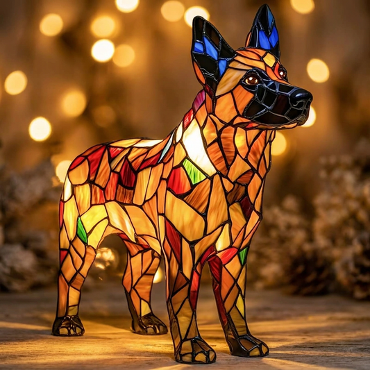 Colorful stained glass German Shepherd LED Mosaic Night Light highlights intricate details, adding charm to any space by Worv