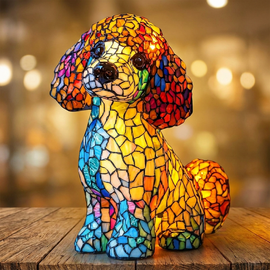 Colorful Teddy LED Mosaic Night Light features a whimsical dog design, glowing warmly on a wooden surface by Worvane.