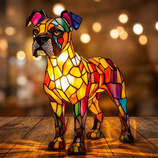 Colorful mosaic design of the Boxer LED Mosaic Night Light illuminating a cozy space, by Worvane.