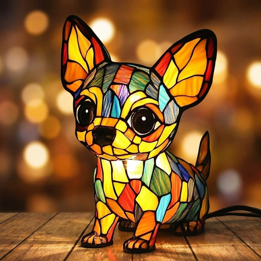 Colorful Chihuahua LED Mosaic Night Light showcases vibrant stained glass in a charming dog design by Worvane.