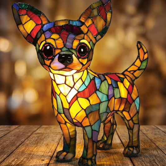 Colorful mosaic Chihuahua standing lamp radiates warmth, showcasing its unique design as a night light by Worvane.