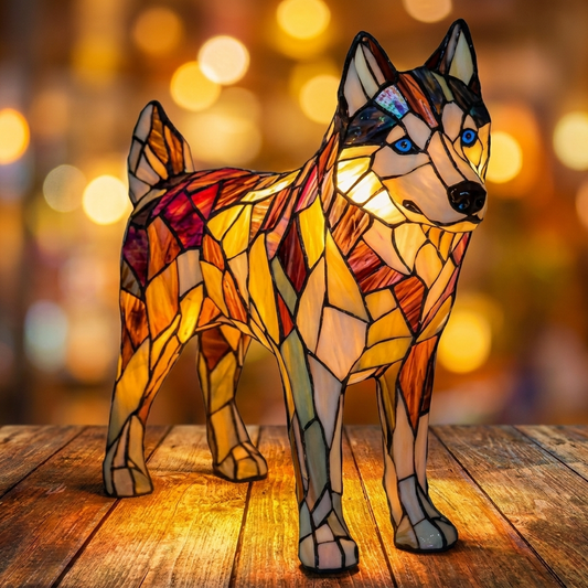 Vibrant resin Husky Standing LED Mosaic Night Light illuminating a wooden surface, showcasing colorful mosaic details by Worv