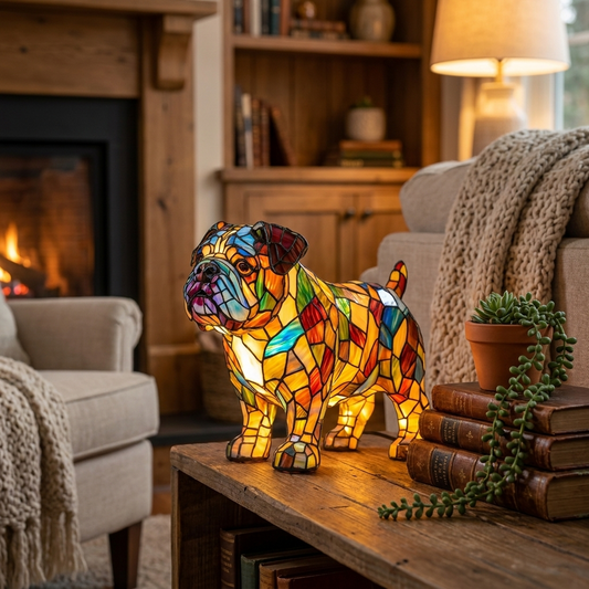 Colorful British Bulldog Standing LED Mosaic Night Light illuminated on a wooden table in a cozy living room by Worvane.