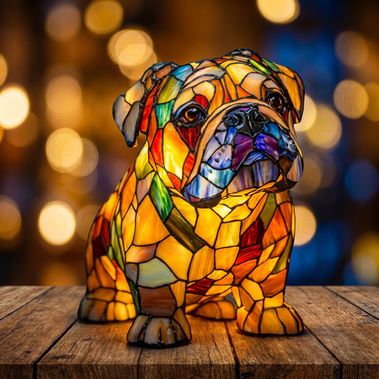Colorful LED mosaic night light shaped like a British Bulldog, illuminating patterns, by Worvane.