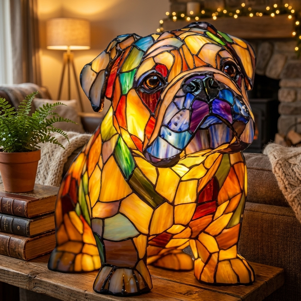 British Bulldog Sitting LED Mosaic Night Light - Resin Animal Lamp