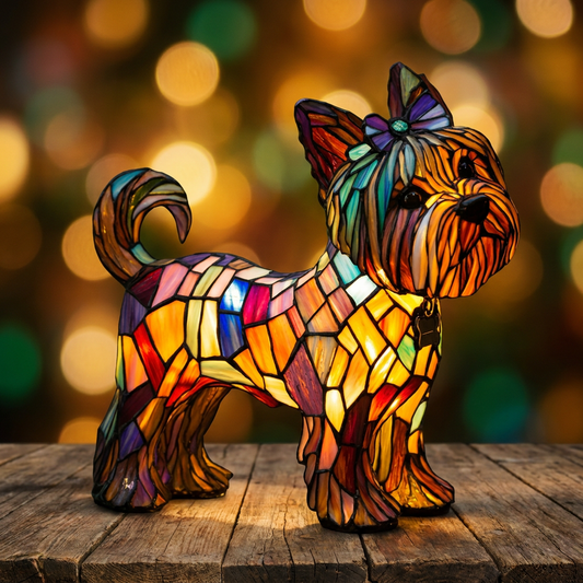 Colorful Yorkshire Terrier LED Mosaic Night Light with vibrant stained glass design, set on a wooden surface by Worvane.