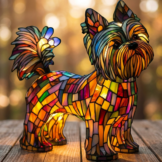 Colorful LED Mosaic Night Light in the shape of a Yorkshire Terrier, beautifully lit against a blurred background by Worvane.