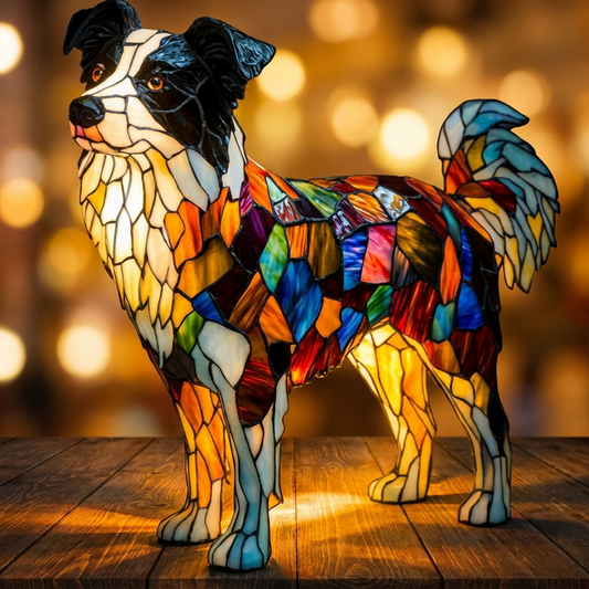 Colorful, illuminated Border Collie LED Mosaic Night Light showcasing vibrant glass patterns, by Worvane.