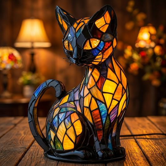 Colorful cat-shaped mosaic lamp displaying vibrant stained glass designs, Cat LED Mosaic Night Light by Worvane.