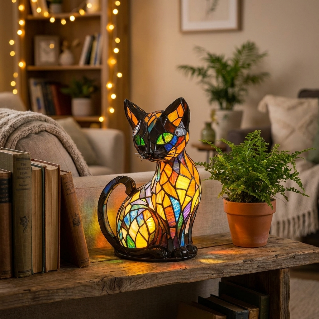 Cat LED Mosaic Night Light - Resin Animal Lamp