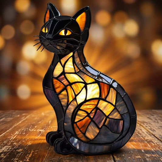 Colorful LED Cat Type B Mosaic Night Light features a stained glass design and warm glowing elements by Worvane.