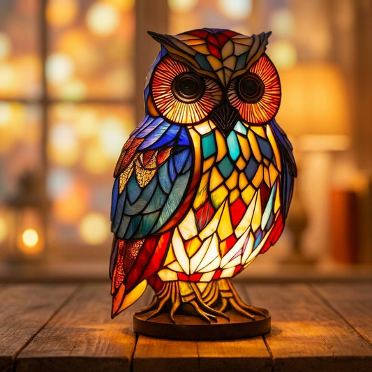 Colorful Owl LED Mosaic Night Light radiates warmth on a wooden table, showcasing vibrant stained glass design by Worvane.
