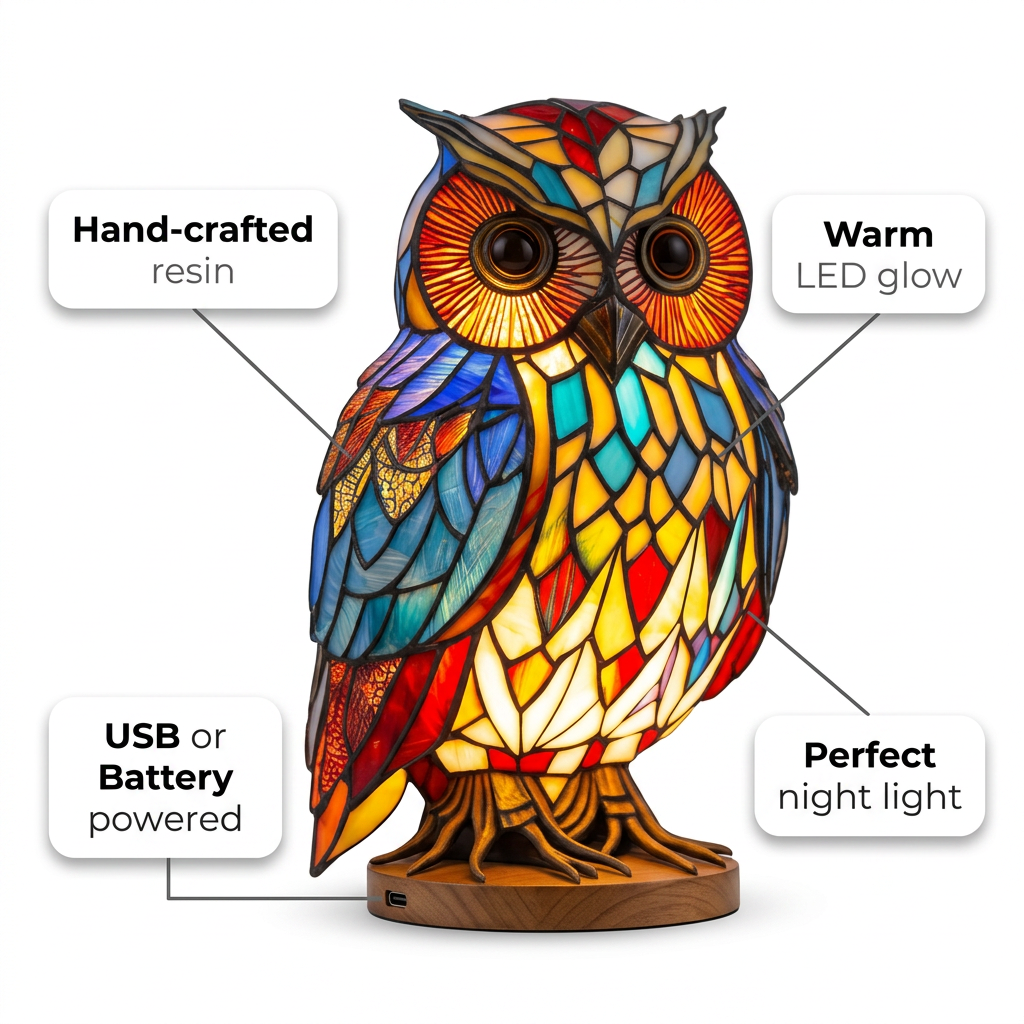 Owl LED Mosaic Night Light - Resin Animal Lamp