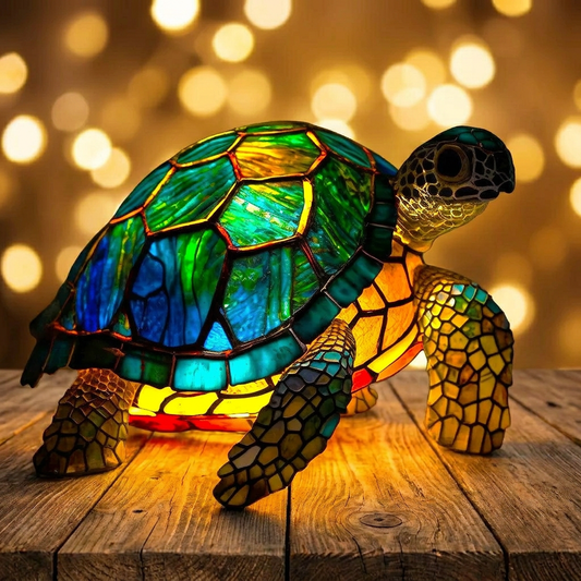 Colorful Turtle LED Mosaic Night Light showcasing vibrant glass patterns, resting on a wooden surface by Worvane.