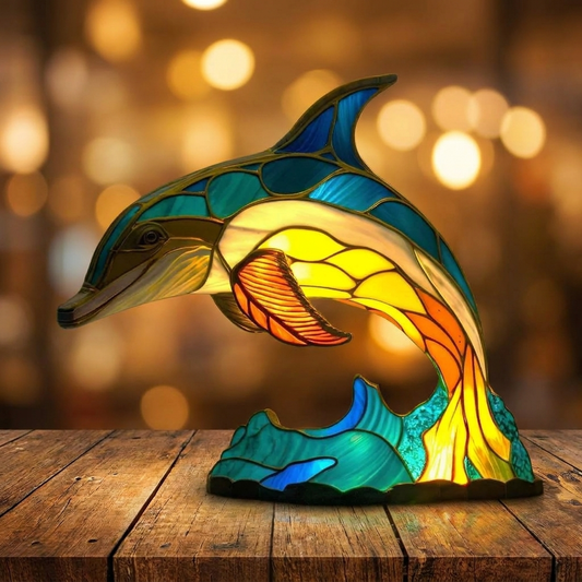 Colorful Dolphin LED Mosaic Night Light elegantly displayed on a wooden table, enhancing any space by Worvane.