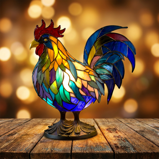 Colorful Rooster LED Mosaic Night Light illuminating a wooden table, showcasing its vibrant stained glass design by Worvane.