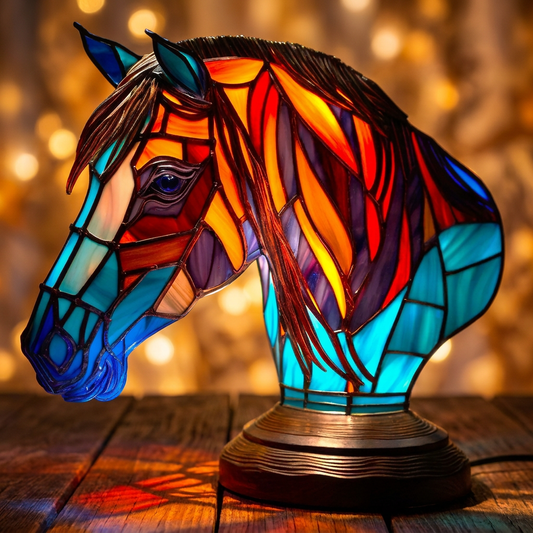 Colorful mosaic horse LED night light showcasing intricate details and vibrant hues on a wooden surface by Worvane.