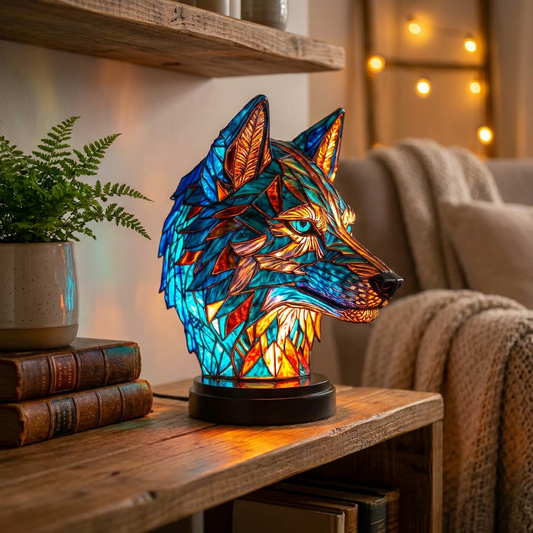Colorful Wolf LED Mosaic Night Light on a wooden shelf, showcasing intricate design and vibrant glow, by Worvane.