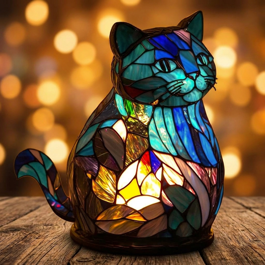Colorful cat-shaped LED mosaic night light casting a warm glow, enhancing any decor, by Worvane.